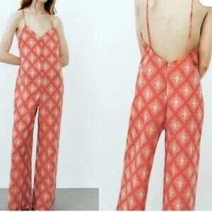 Zara NWT Women's Terracotta Printed Wide Leg "The Jami" Jumpsuit Size Small